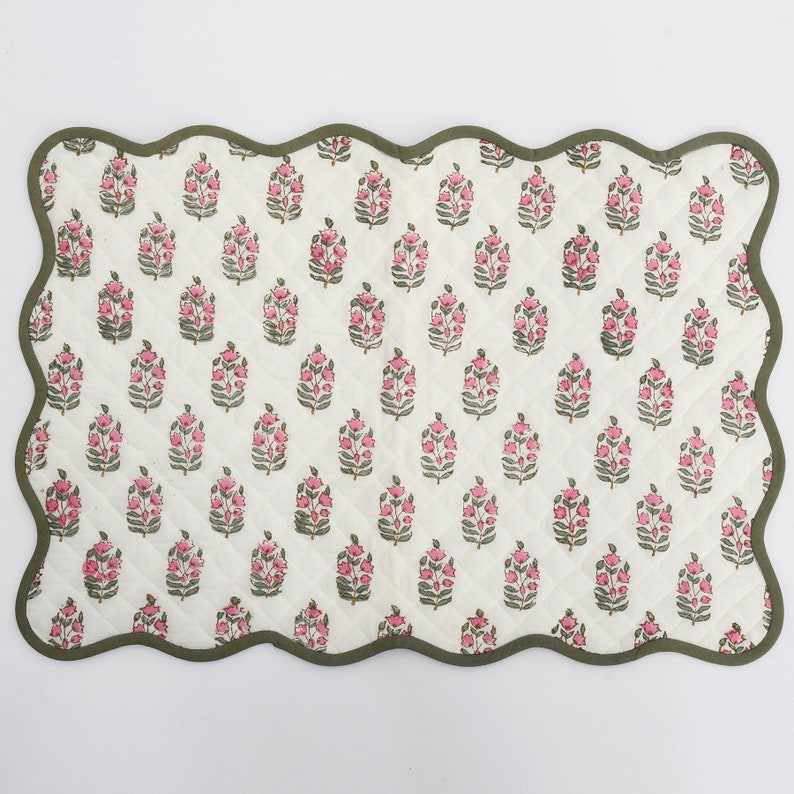 Mats, Punch Pink and Uniform Green Table Mat, Indian Block Print, Floral Print Fabric, Quilted Cotton Cloth, Housewarming Gift