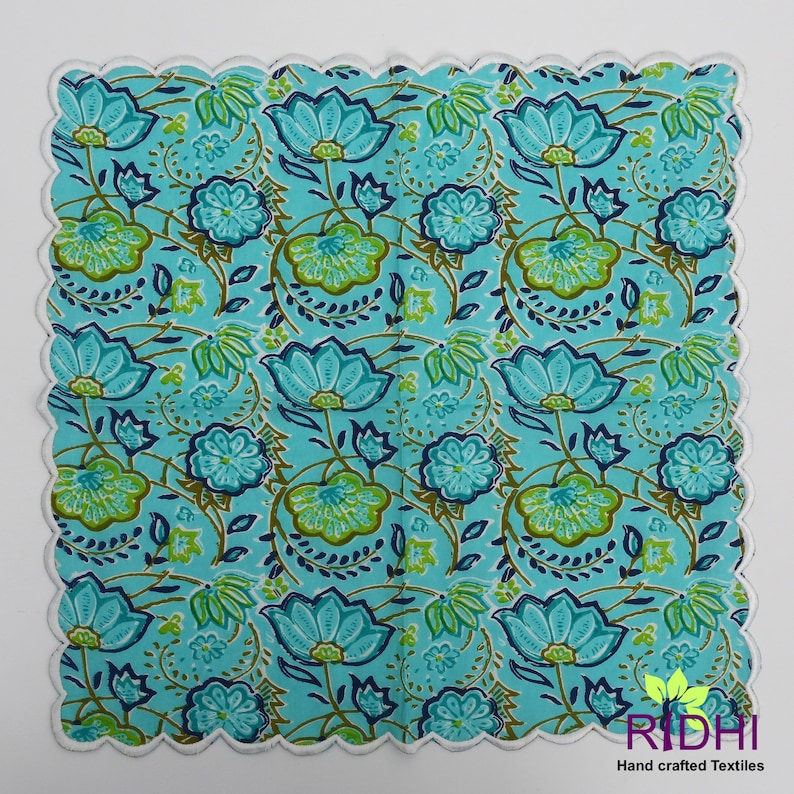 Cerulean and Indigo Blue, Pear Green Indian Floral Printed Pure Cotton Cloth Napkins Wedding Party Event Home 9X9"- Cocktail 20X20"- Dinner