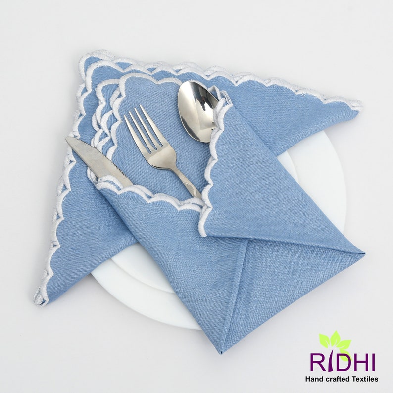 Fabricrush Blue Embroidered Scallops Cotton Napkins, Set of 6