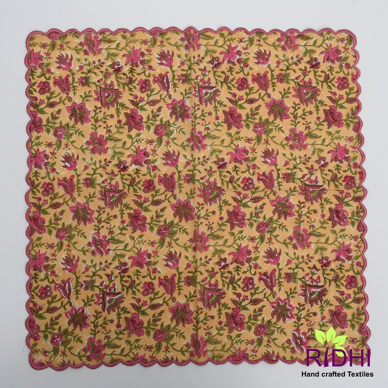 Flaxen Yellow, Thulian Pink, Crocodile Green Indian Floral Hand Block Print Cotton Cloth Napkins, Wedding Home 9X9"- Cocktail 20X20"- Dinner