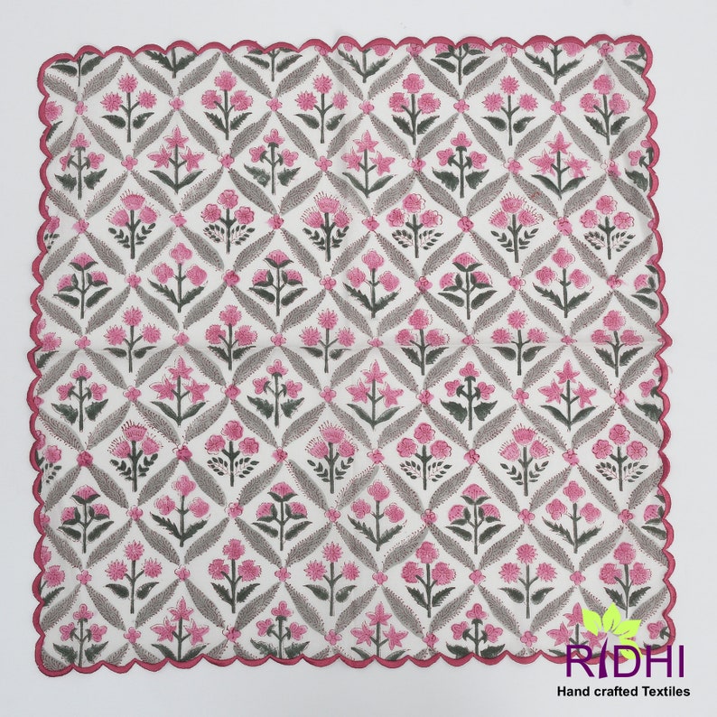 Fabricrush Watermelon Pink, Artichoke and Seaweed Green Indian Floral Block Printed Cotton Cloth Napkins, 18x18"-Cocktail Napkins, 20x20"- Dinner Napkins, Gift for her, gifts, Halloween, Christmas, Thanksgiving