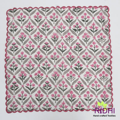 Watermelon Pink, Artichoke and Seaweed Green Indian Floral Block Printed Cotton Cloth Napkins, 9x9"-Cocktail Napkins, 20x20"- Dinner Napkins