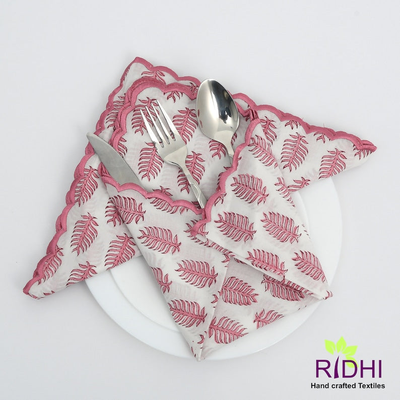 Taffy Pink and White Leaf Hand Block Print Cotton Embroidery Napkins