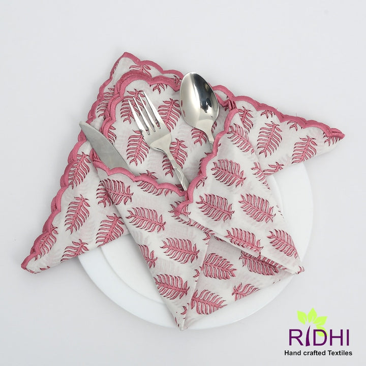 Taffy Pink and White Leaf Hand Block Print Cotton Embroidery Napkins