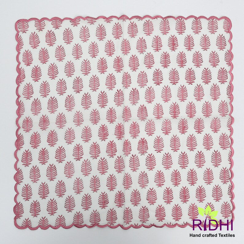 Taffy Pink and White Leaf Hand Block Print Cotton Embroidery Napkins