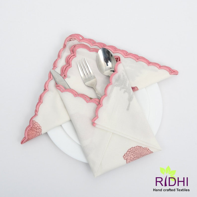 Salmon and Thulian Pink, Moss Green Mix and Match Indian Floral Hand Block Print Cotton Embroidery Napkins