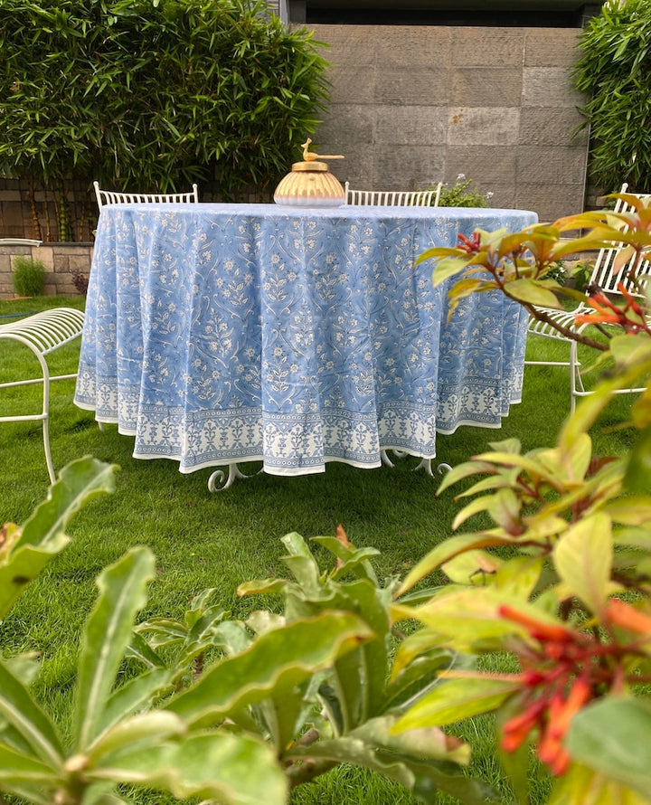 Fabricrush Cornflower Blue and White Round Tablecloth, Indian Hand Block Printed Floral Table Cover, Wedding Home Coffee Table Party Outdoor Holiday, Gift for her, gifts, Valentine's day,  Easter, Spring