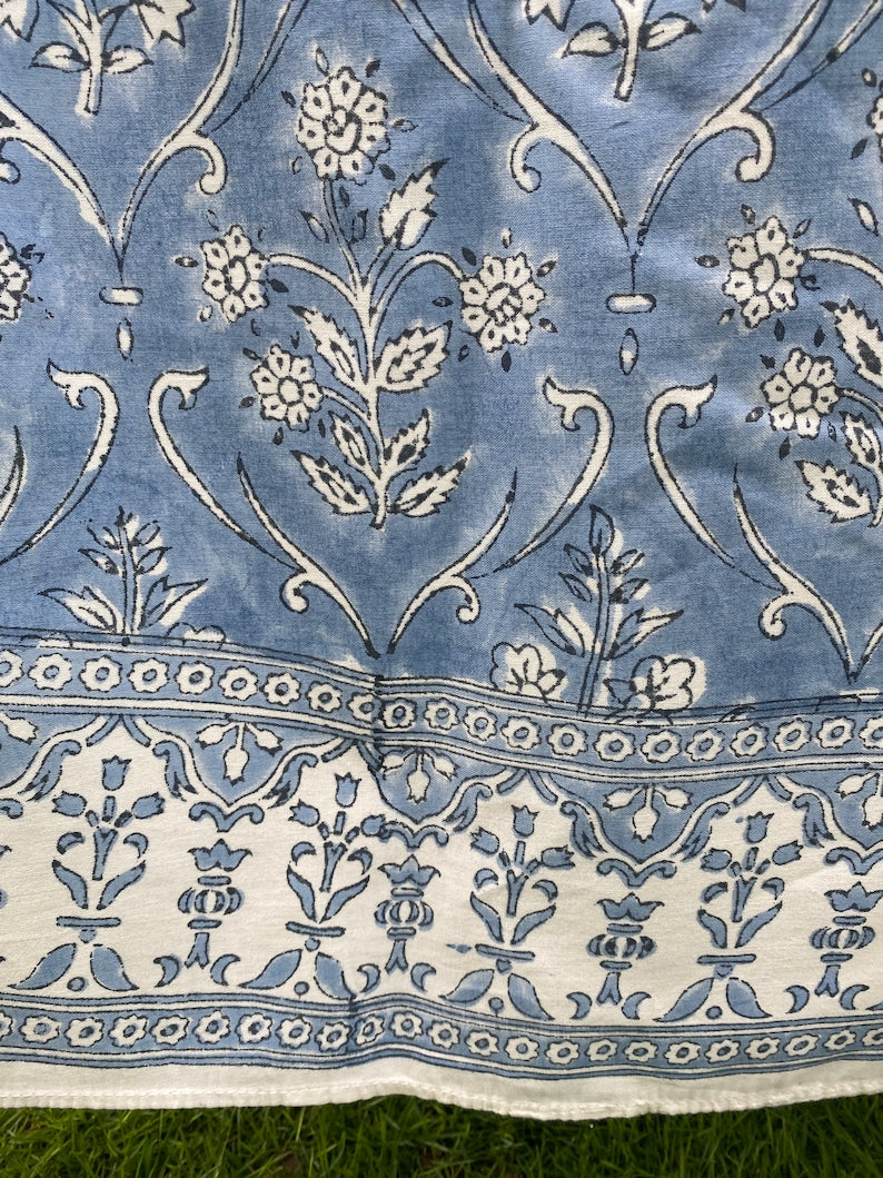 Cornflower Blue Indian Floral Hand-Block Printed Cotton Round Tablecloth