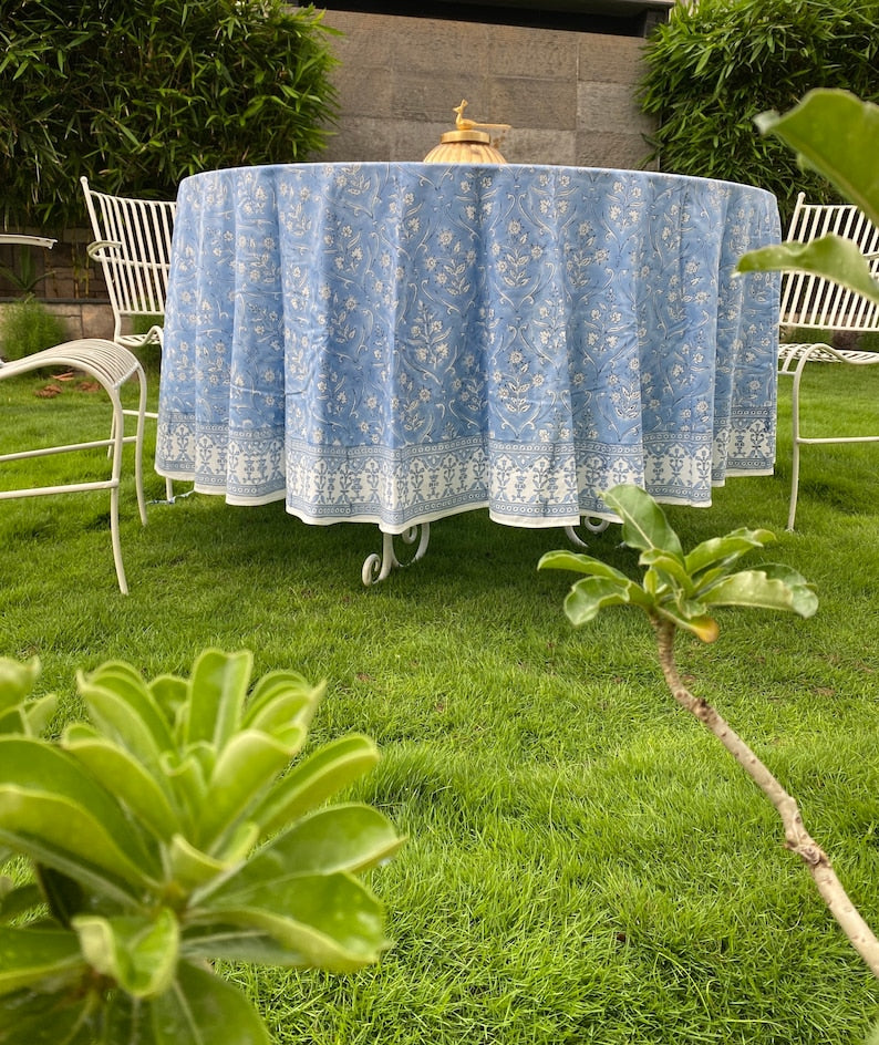 Fabricrush Cornflower Blue and White Round Tablecloth, Indian Hand Block Printed Floral Table Cover, Wedding Home Coffee Table Party Outdoor Holiday, Gift for her, gifts, Valentine's day,  Easter, Spring