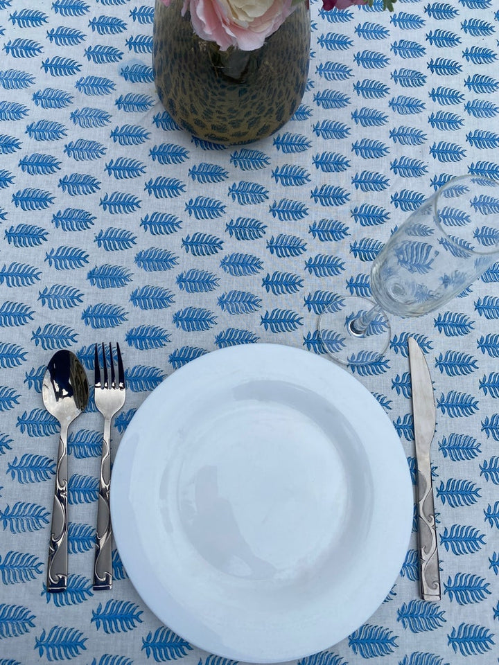 Blue Leaf Print Hand Block Print Cotton Round Tablecloth, Table Linen, for Dinning Table, Wedding, Outdoor Party, Farmhouse, House Warming, Birthdays, Anniversary, House Warming, for Him, Her, Mother and Daughter, Valentine's day,  Easter, Spring