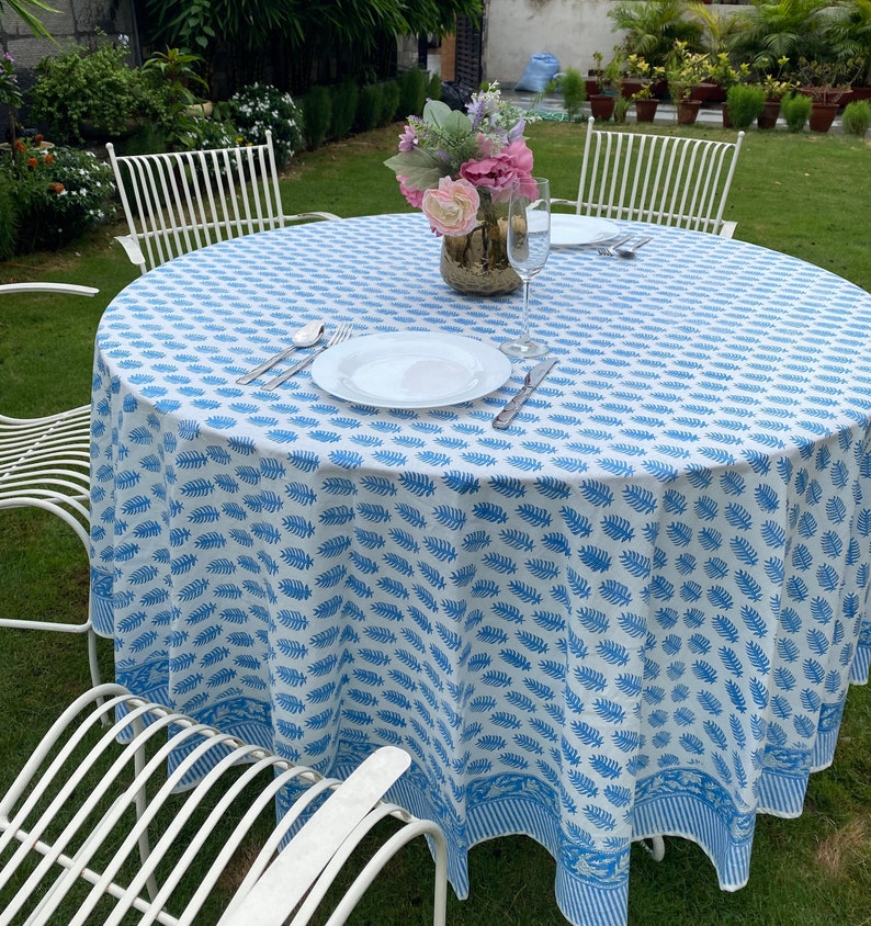 Blue Leaf Print Hand Block Print Cotton Round Tablecloth, Table Linen, for Dinning Table, Wedding, Outdoor Party, Farmhouse, House Warming, Birthdays, Anniversary, House Warming, for Him, Her, Mother and Daughter, Valentine's day,  Easter, Spring