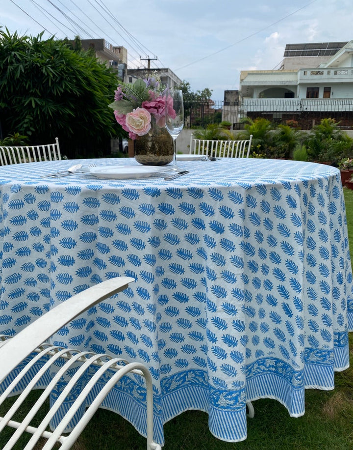 Blue Leaf Print Hand Block Print Cotton Round Tablecloth, Table Linen, for Dinning Table, Wedding, Outdoor Party, Farmhouse, House Warming, Birthdays, Anniversary, House Warming, for Him, Her, Mother and Daughter, Valentine's day,  Easter, Spring