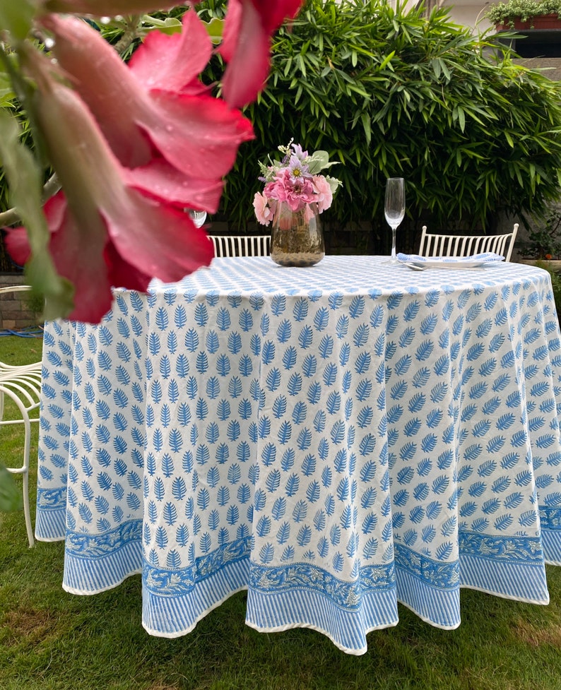 Blue Leaf Print Round Tablecloth, Table Linen, Border all Around, Dining Table Decor, India Block Printed Cotton Tablecloth, 60", 90", 110"