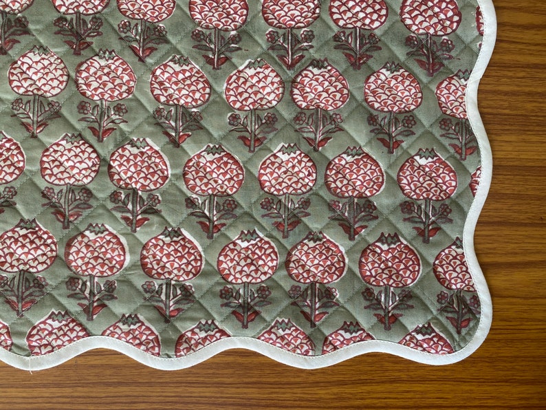 Table Mats, Sage Green and Cherry Red Table Mat, Quilted Mats, India Block Print, Cotton Fabric, Cotton Mats, Housewarming Gift, Table Decor