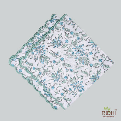 Cerulean Blue Fern Green Indian Hand Block Printed Cotton Cloth Napkins, Wedding Event Home Party Restaurant, 9x9"- Cocktail 20x20"- Dinner