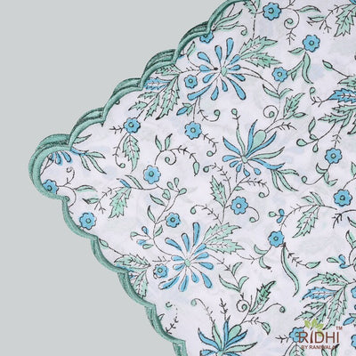 Fabricrush Cerulean Blue Fern Green Indian Hand Block Printed Cotton Cloth Embroidered Scallop Napkins, Wedding Event Home Party Restaurant, 18x18"- Cocktail 20x20"- Dinner