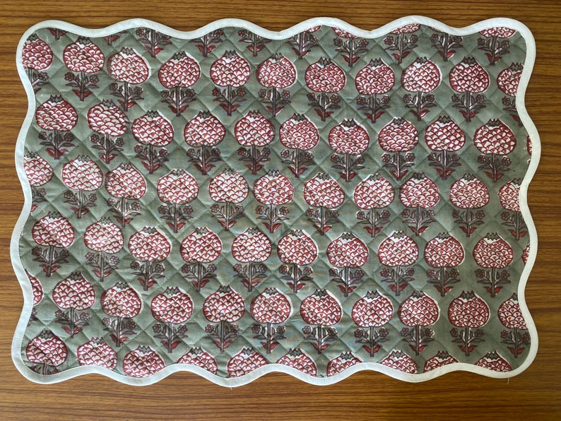 Table Mats, Sage Green and Cherry Red Table Mat, Quilted Mats, India Block Print, Cotton Fabric, Cotton Mats, Housewarming Gift, Table Decor