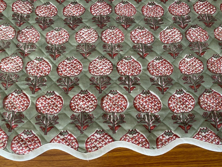 Fabricrush Table Mats, Sage Green and Cherry Red Table Mat, Quilted Mats, India Block Print, Cotton Fabric, Cotton Mats, Housewarming Gift, Table Decor, Gift for her, gifts