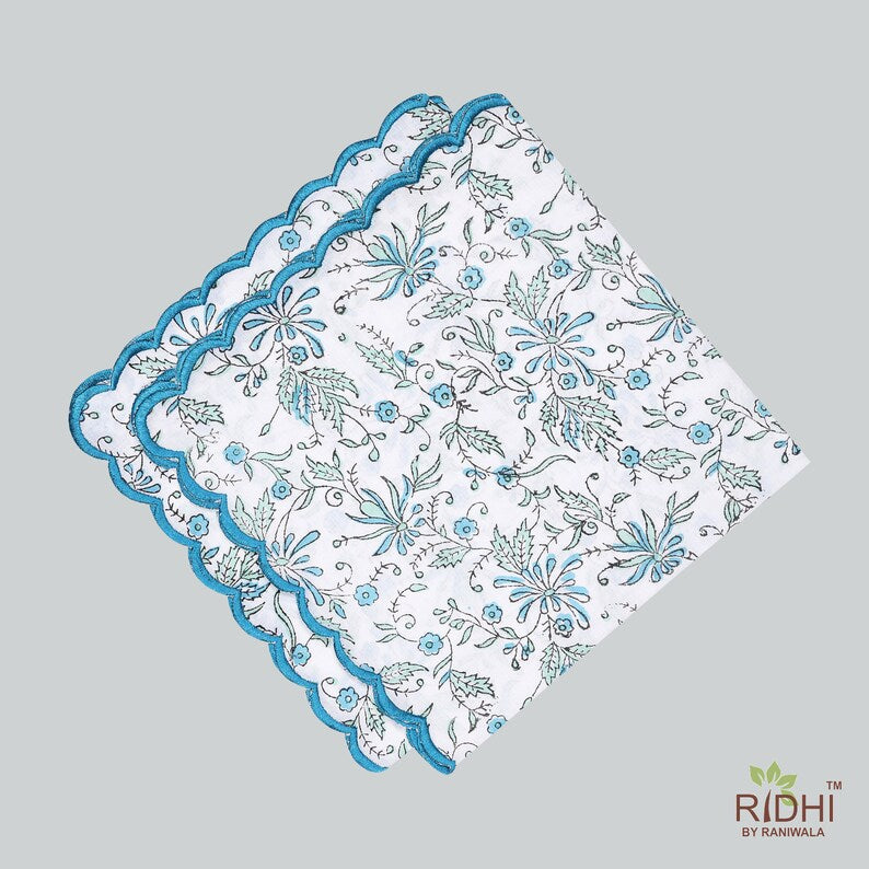 Cerulean Blue Fern Green Indian Hand Block Printed Cotton Cloth Napkins, Wedding Event Home Party Restaurant, 9x9"- Cocktail 20x20"- Dinner