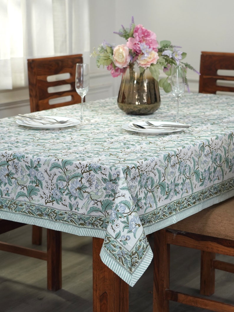 Fabricrush Block Print Table Cloth Summer Table Cloth Floral Pattern Green tablecloth, Gift for her, gifts, Valentine's day, Spring, Easter