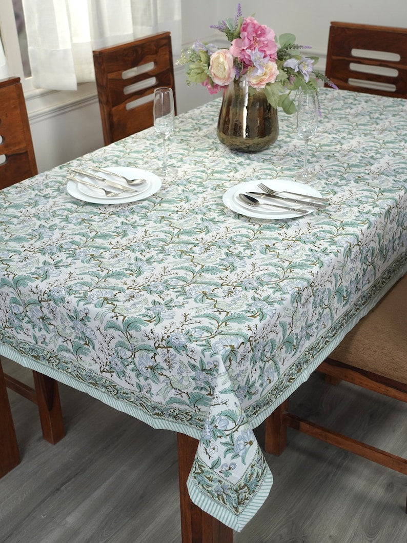 Fabricrush Block Print Table Cloth Summer Table Cloth Floral Pattern Green tablecloth, Gift for her, gifts, Valentine's day, Spring, Easter