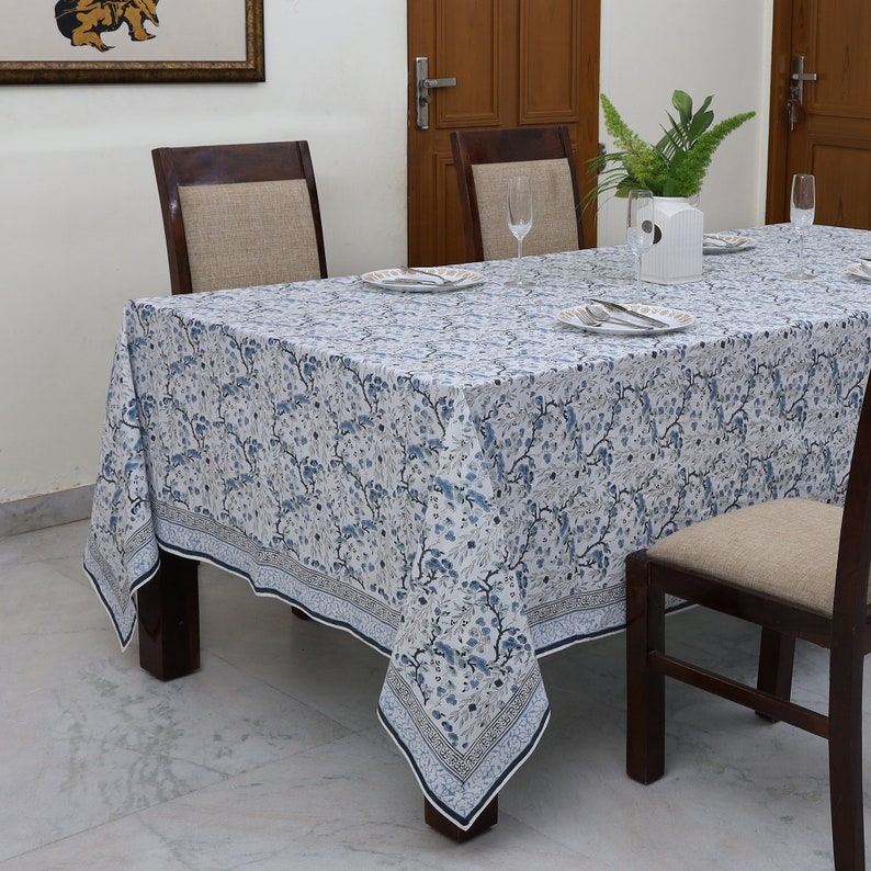 Fabricrush Blue Tablecloth, Indian Hand Block Trellis Printed Tablecloth, 100% cotton Floral Print Tablecloth,Spring Tablecloth Custom Size Table Cover