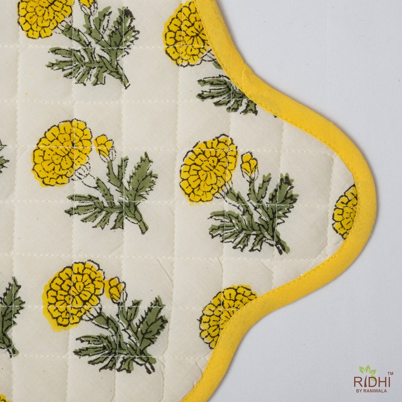 Fabricrush Mats, Bumblebee Yellow, Marigold Flower, Block Print, Floral Print, Quilted Cotton Mats, Housewarming Gift, Table Decoration
