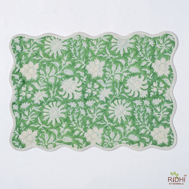 Fabricrush Mats, Mint Green and Off White Table Mat, Quilted Cotton Mats, Block Print, Flower Print, Cotton Fabric, Housewarming Gift, Table Decoration, Gift for her, gifts