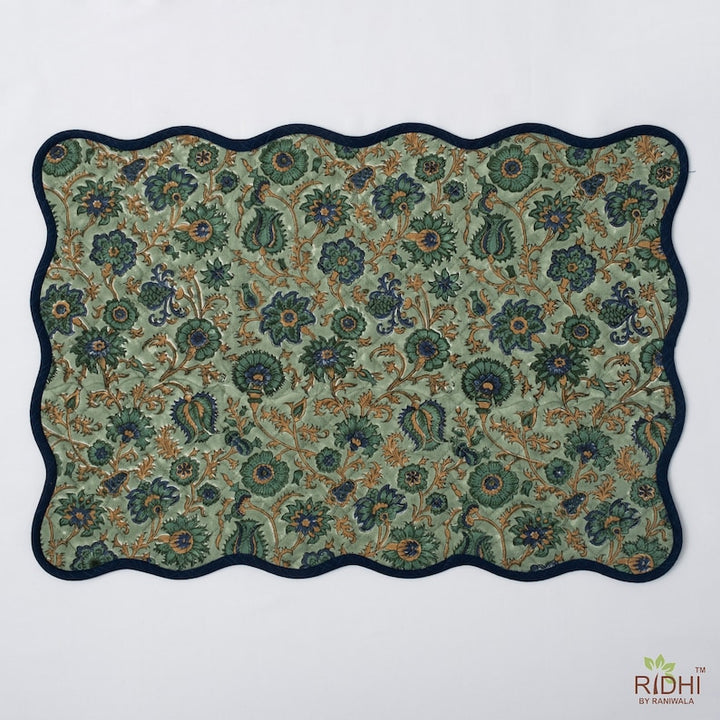 Fabricrush Table Mats, Sage Green, Yale Blue, Peanut Brown Mats, India Block Print, Flower Print, Cotton Cloth, Cotton Fabric, Kitchen Runner and Mats, Gift for her, gifts