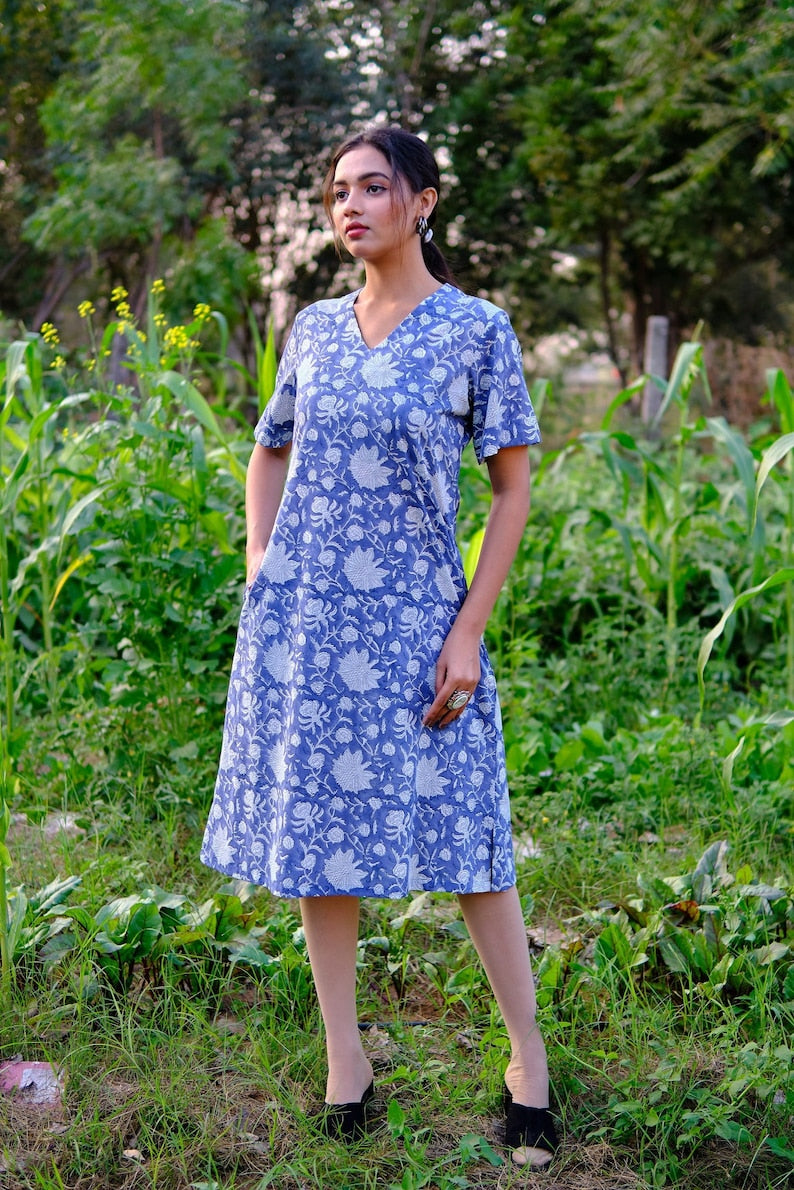 Aegean Blue Block Print Cotton Tunic with Pockets Product Image 1