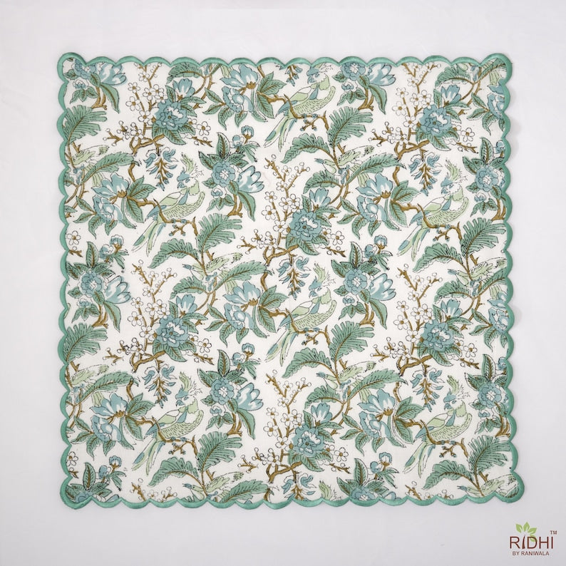 Russian and Sage Green, Peanut Brown Indian Hand Block Floral Printed Cotton Cloth Napkins, Wedding Home Events, 9x9"-Cocktail 20x20"-Dinner