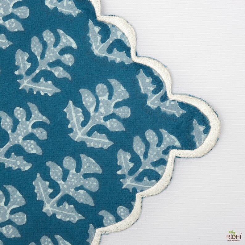 Fabricrush Teal Blue and Grey Indian Floral Printed Pure Cotton Cloth Embroidery Scalloped Napkins, Wedding Party Home, 18x18"- Cocktail 20x20"- Dinner