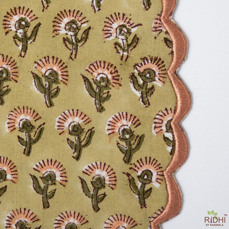Light Moss Green, Coral Pink Indian Floral Hand Block Printed Reversible Cotton Cloth Mats, Table Decor, Reusable Mat, Set of 2,4,6,12,24,48