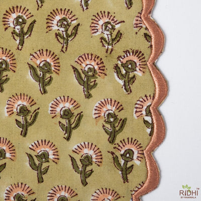 Fabricrush Light Moss Green, Coral Pink Indian Floral Hand Block Printed Reversible Cotton Cloth Mats, Table Decor, Reusable Mat