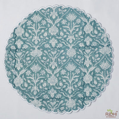 Mats, Teal Blue And Off White Table Mat, Embroidered Reversible Mats, India Block Print, Cotton Fabric, Flower Print, Kitchen Runner and Mat