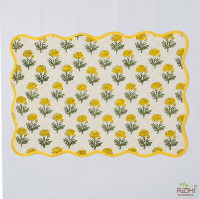 Fabricrush Mats, Bumblebee Yellow, Marigold Flower, Block Print, Floral Print, Quilted Cotton Mats, Housewarming Gift, Table Decoration