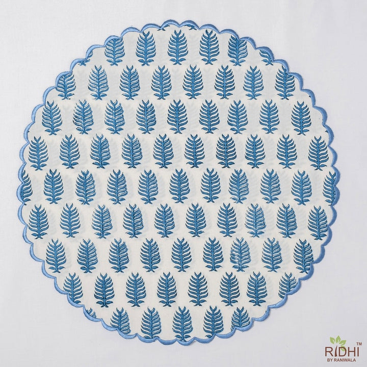 Fabricrush Mats, Cerulean Blue Print Table Mat, Embroidered Reversible Mat, Block Print, Cotton Mat, Leaf Print, Cotton Fabric, Kitchen Runner and Mats, Gift for her, gifts, Valentine's day, Spring, Easter