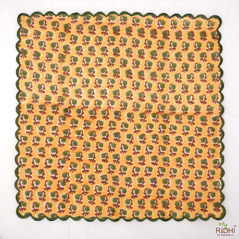 Fabricrush Fire Yellow and Olive Green Indian Scallop Handmade Hand Block Printed Flower 100% Cotton Embroidered Napkins, 18x18"- Cocktail Napkins, 20x20"- Dinner Napkins, Gift for her, gifts, Halloween, Christmas, Thanksgiving