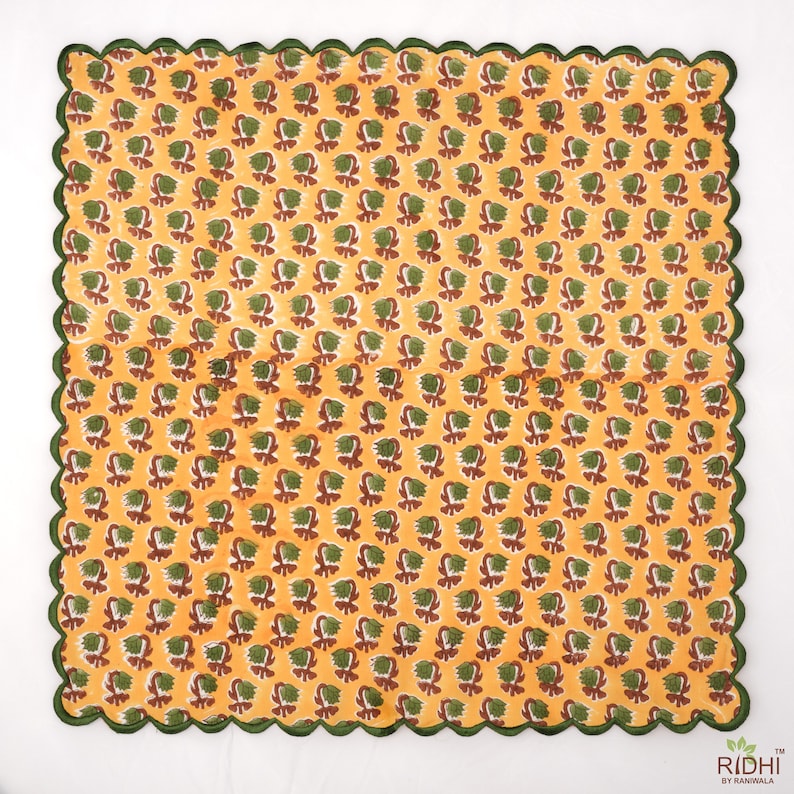 Fabricrush Fire Yellow and Olive Green Indian Scallop Handmade Hand Block Printed Flower 100% Cotton Embroidered Napkins, 18x18"- Cocktail Napkins, 20x20"- Dinner Napkins