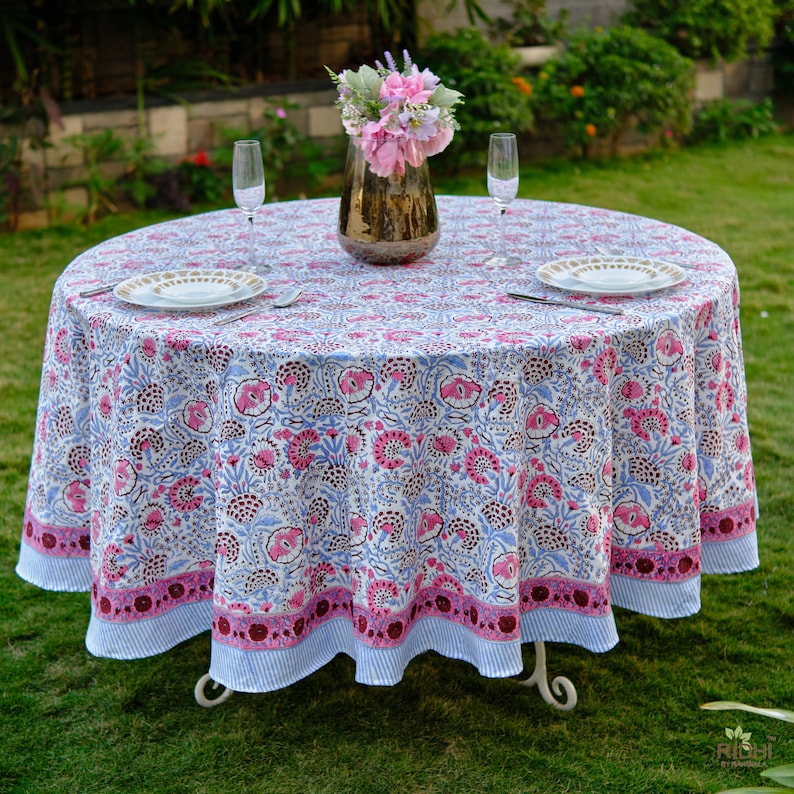 Fabricrush Blue and Pink Round Tablecloth