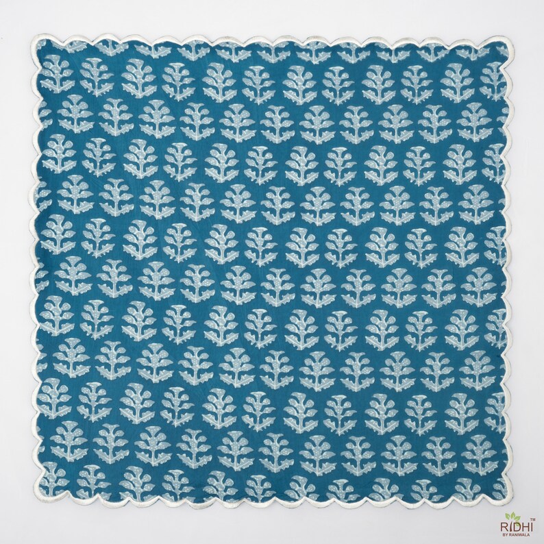 Fabricrush Teal Blue and Grey Indian Floral Printed Pure Cotton Cloth Embroidery Scalloped Napkins, Wedding Party Home, 18x18"- Cocktail 20x20"- Dinner