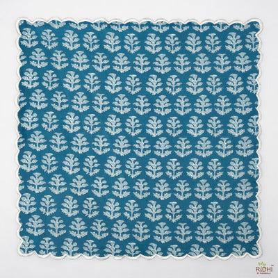 Teal Blue and Grey Indian Floral Printed Pure Cotton Cloth Embroidery Scalloped Napkins, Wedding Party Home, 9x9"- Cocktail 20x20"- Dinner
