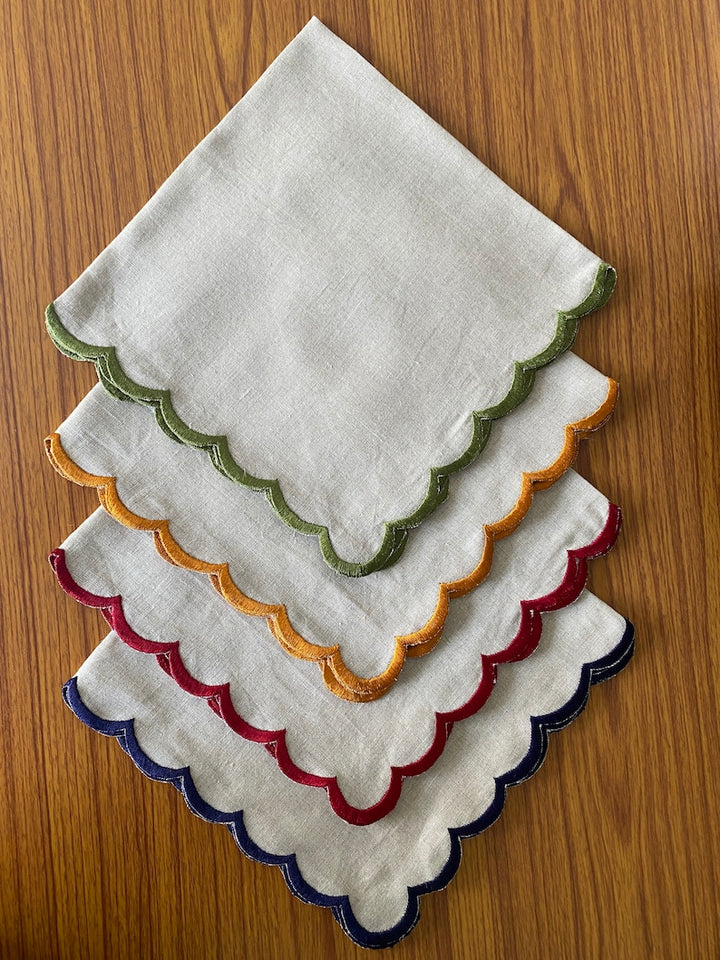 Fabricrush Linen Tea Towels, Natural Colour Indian Pure Linen Napkins with Embroidery scallops for Wedding Events Party 18X18" INCH Dinner