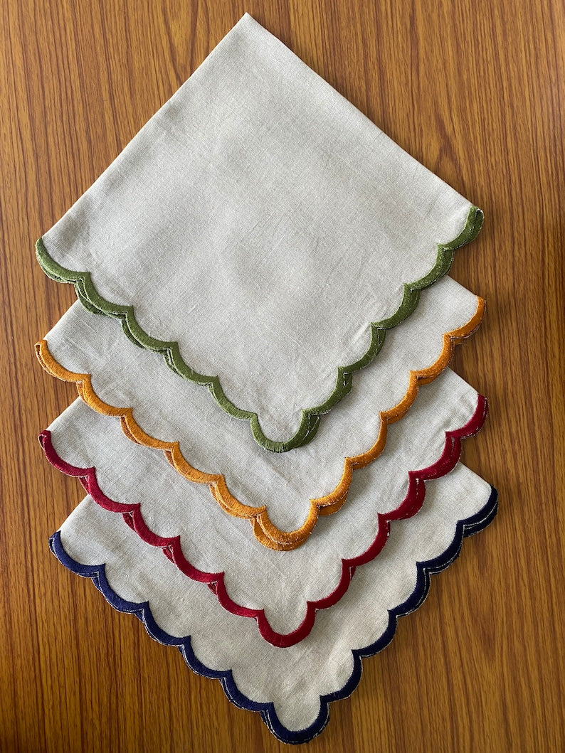 Fabricrush Linen Tea Towels, Natural Colour Indian Pure Linen Napkins with Embroidery scallops for Wedding Events Party Mother's Day 18X18" INCH Dinner