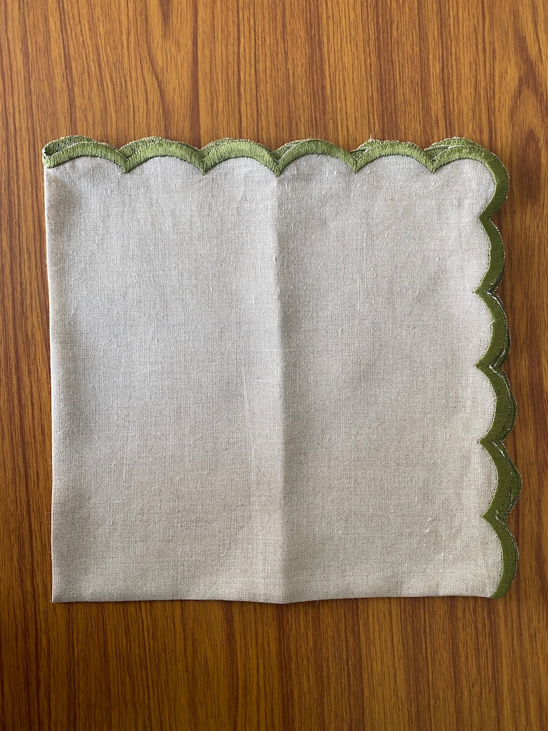 Fabricrush Linen Tea Towels, Natural Colour Indian Pure Linen Napkins with Embroidery scallops for Wedding Events Party 18X18" INCH Dinner