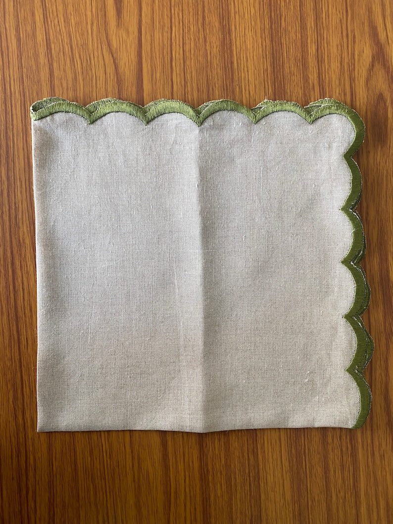 Fabricrush Linen Tea Towels, Natural Colour Indian Pure Linen Napkins with Embroidery scallops for Wedding Events Party Mother's Day 18X18" INCH Dinner