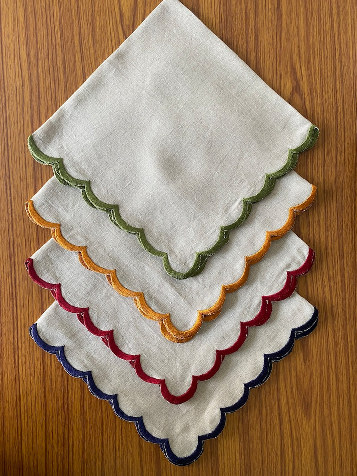 Fabricrush Linen Tea Towels, Natural Colour Indian Pure Linen Napkins with Embroidery scallops for Wedding Events Party 18X18" INCH Dinner