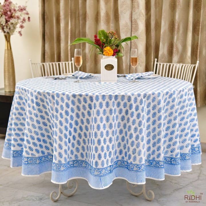 Blue Leaf Print Hand Block Print Cotton Round Tablecloth, Table Linen, for Dinning Table, Wedding, Outdoor Party, Farmhouse, House Warming, Birthdays, Anniversary, House Warming, for Him, Her, Mother and Daughter, Valentine's day,  Easter, Spring