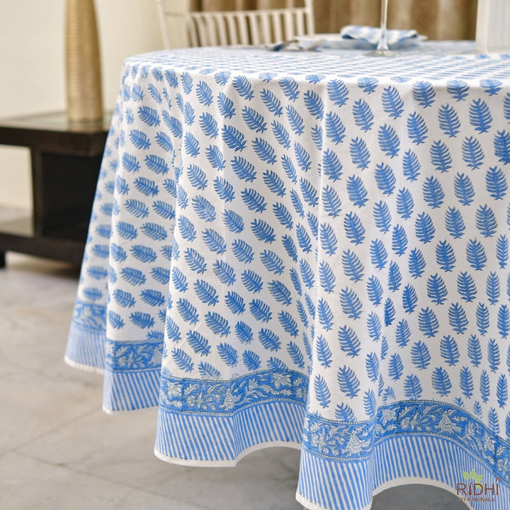 Blue Leaf Print Hand Block Print Cotton Round Tablecloth, Table Linen, for Dinning Table, Wedding, Outdoor Party, Farmhouse, House Warming, Birthdays, Anniversary, House Warming, for Him, Her, Mother and Daughter, Valentine's day,  Easter, Spring