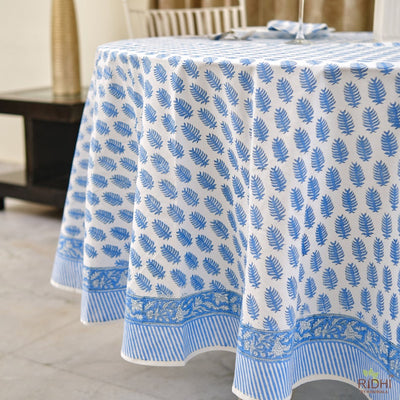 Fabricrush Blue Leaf Print  India Block Printed Cotton Tablecloth, Round Tablecloth, Table Linen, Border all Around, Dining
